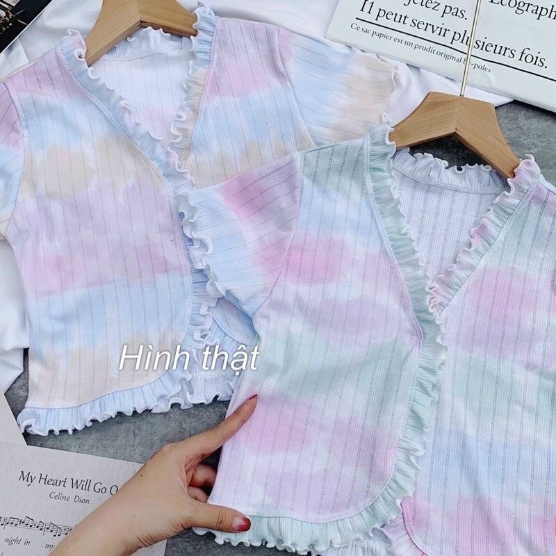 Áo croptop loang màu viền bèo chất thun gân sieu xinh xuất sắc