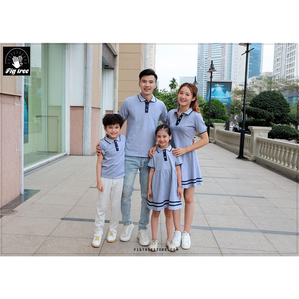 Set áo váy polo gia đình FIG TREE màu ghi xám phối cổ xanh đen siêu sang dự tiệc ( hàng thiết kế - full size)
