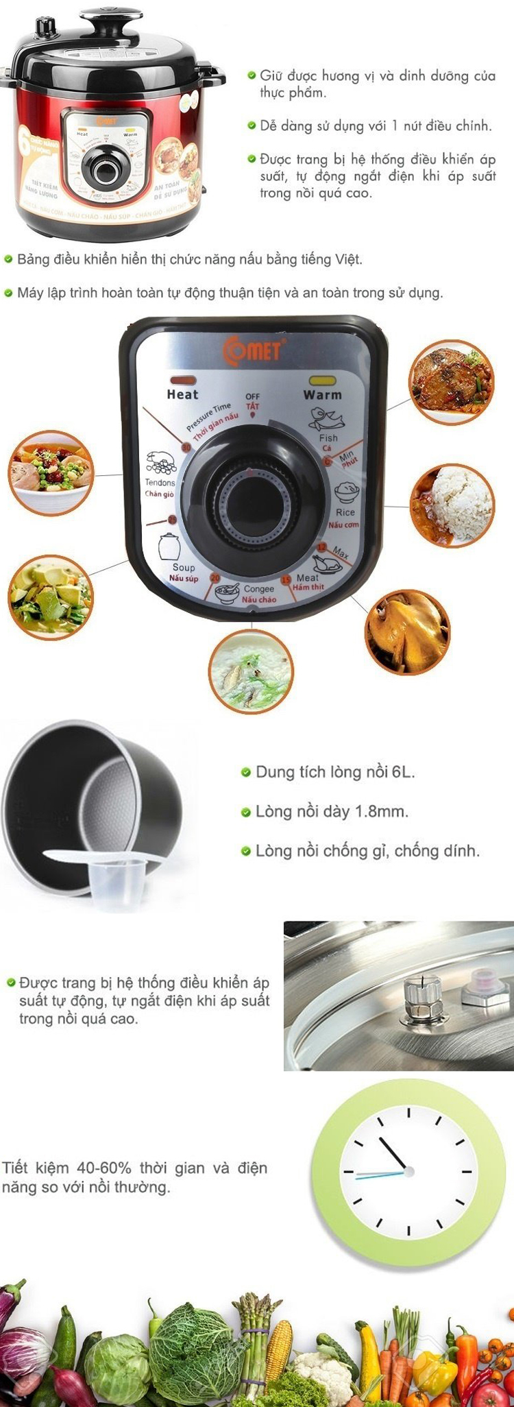 Nồi Áp Suất Comet CM6156R (6.0 Lít) - Đỏ - Hàng Chính Hãng