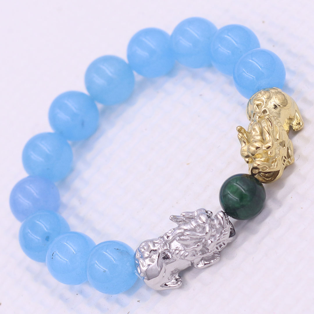 Vòng chuỗi đeo tay đa thạch anh xanh biển 12 ly charm tỳ hưu đôi inox trắng và vàng, vòng chuỗi phong thủy, charm tỳ hưu, vòng tay hạt chuỗi