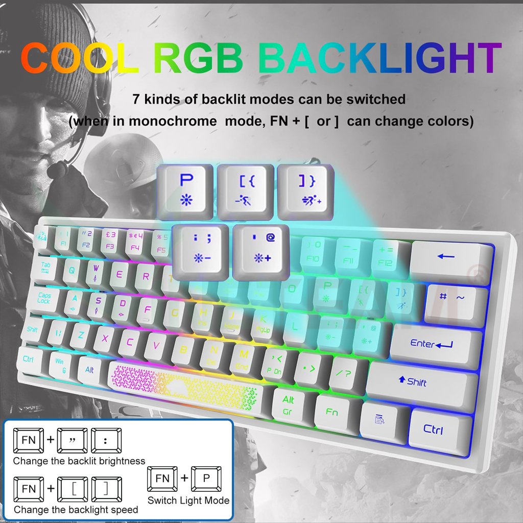 Bàn Phím Mini Vinetteam K61 Led RGB Rainbow 10 Chế Độ Cực Đẹp Thiết Kế Nhỏ Gọn Phím Bấm Êm Dùng Cho Máy Tính Laptop PC - Hàng Chính Hãng