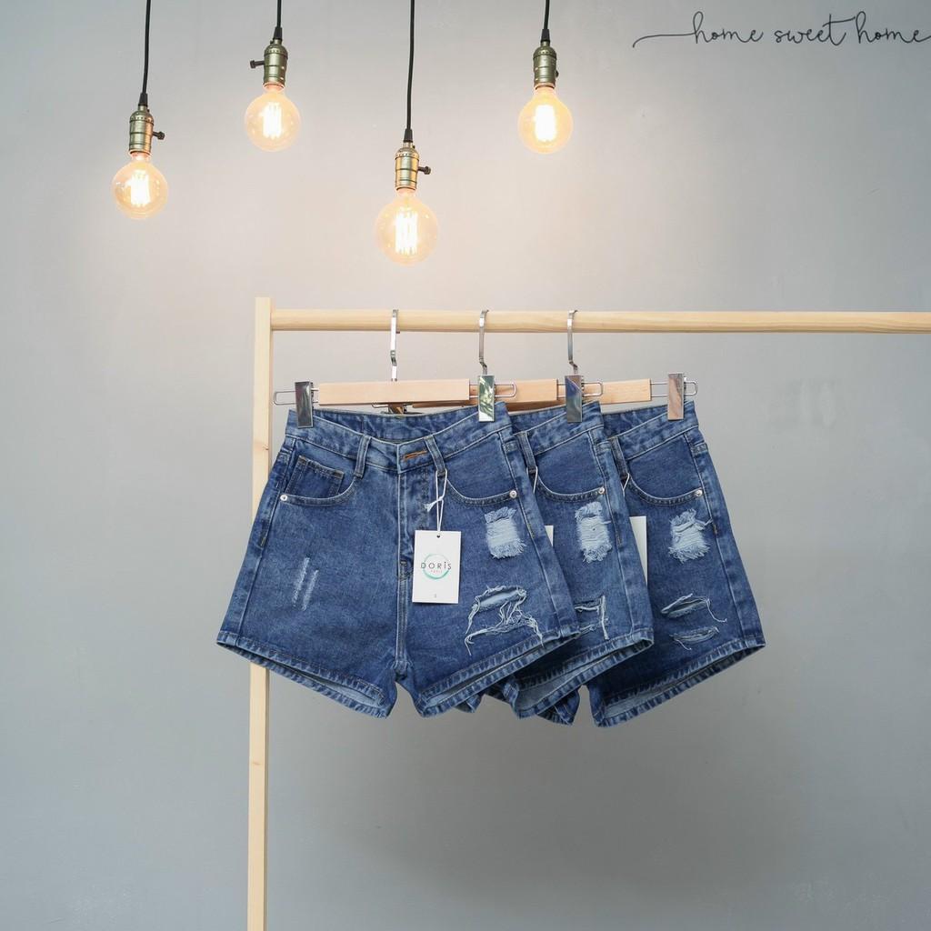 Quần short jean nữ lưng cao phối rách denim cotton, rin ngắn phối rách William - AT87