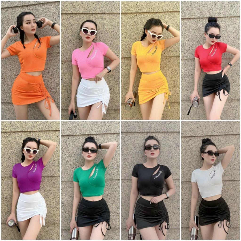 Đồ tập gym nữ Hot Trend Áo Croptop khoét ngực Chân Váy rút dây chéo eo siêu đẹp tập Gym, Yoga, Zumba, Aerobic, Đi biển