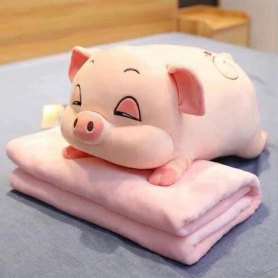 GỐI KÈM CHĂN HÌNH HEO CUTE-- CÓ 2 MÀU - HỒNG , XÁM