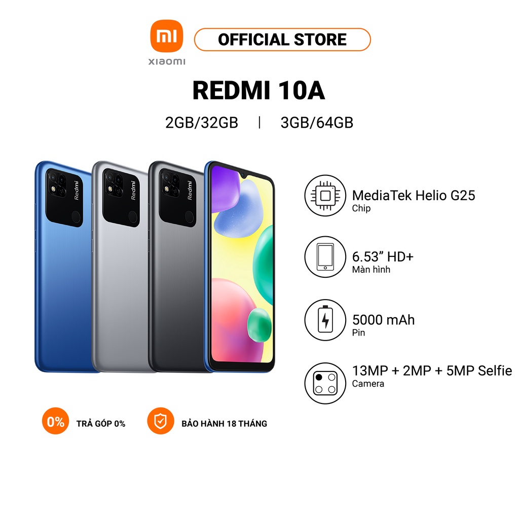 Điện thoại thông minh XIAOMI Redmi 10A 2GB+32GB/3GB+64GB MediaTek Helio G25 | 6,53&quot; HD+ Hàng chính hãng