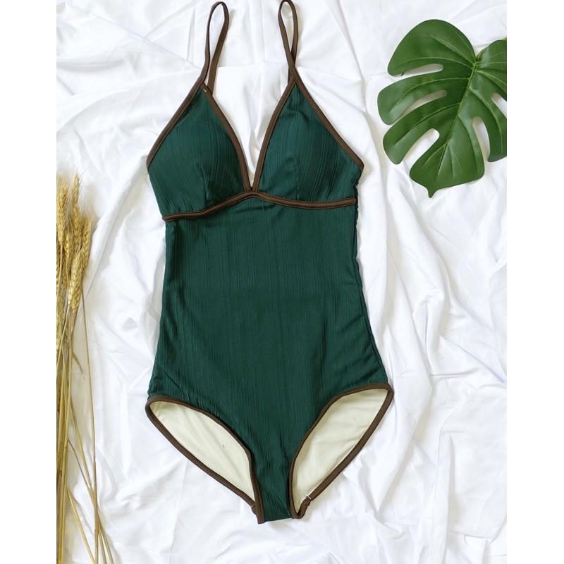 Monokini bikini liền mảnh cúp ngực viền dây màu xanh than/ xanh lá