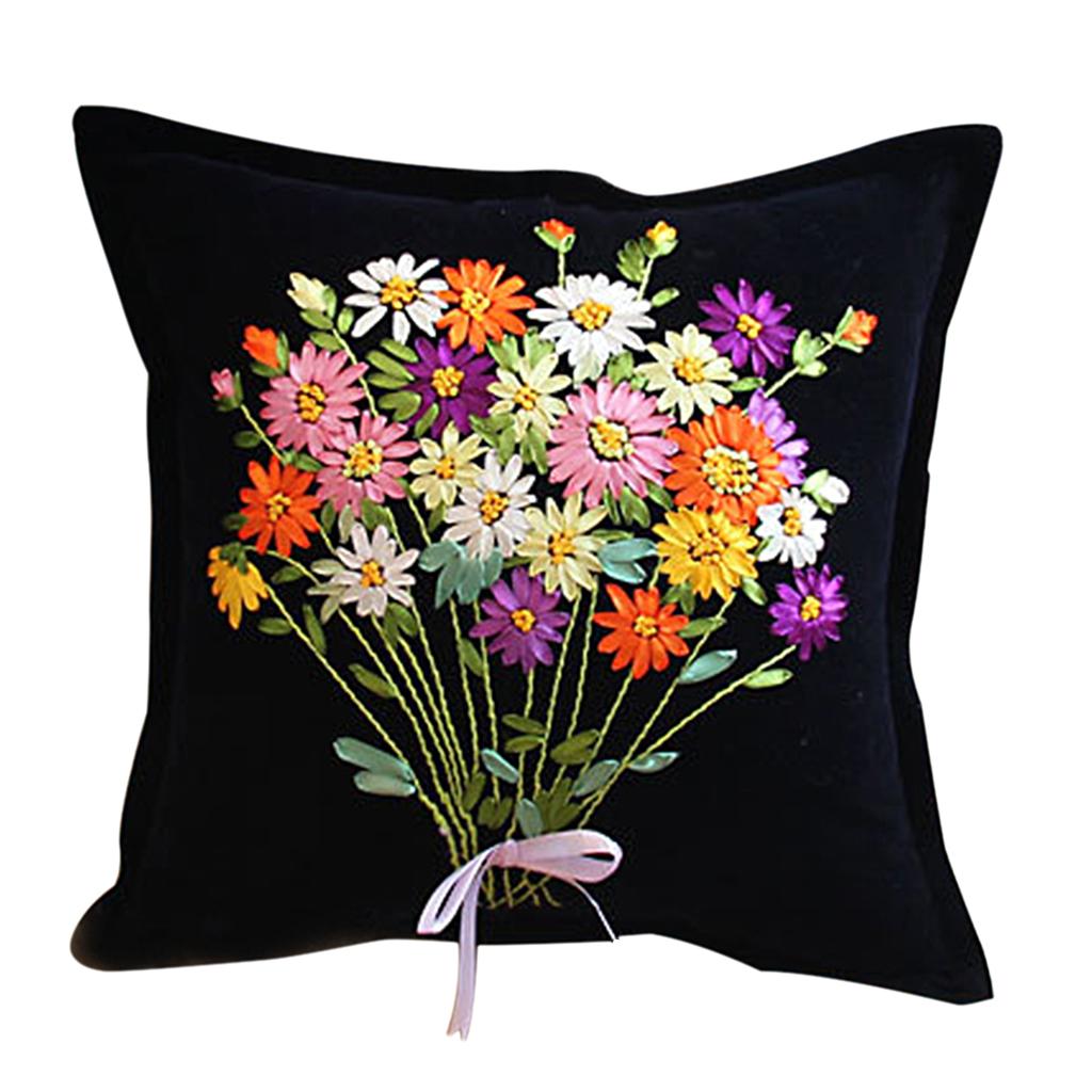 2pcs Daisy Flower Ribbon Cross Stitch Kits Embroidery Car Cushion Covers DIY