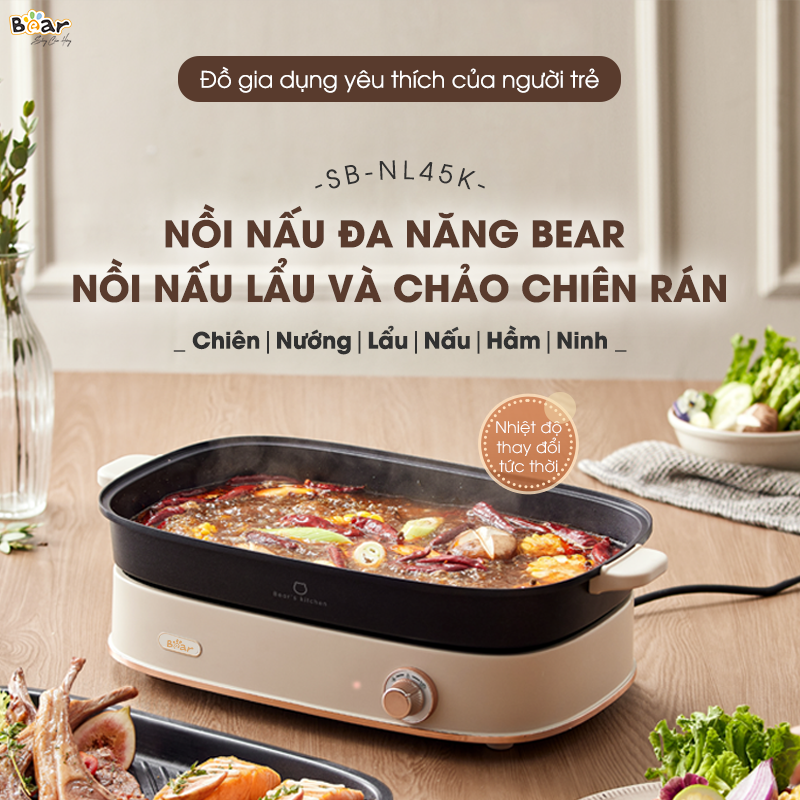 Nồi Lẩu Đa Năng Bear 4,5L 6 Chức Năng Nấu Tiết Kiệm Điện Chống Dính Cao Cấp Chiên Nướng Lẩu Nấu Hầm Ninh SB-NL45K HÀNG CHÍNH HÃNG