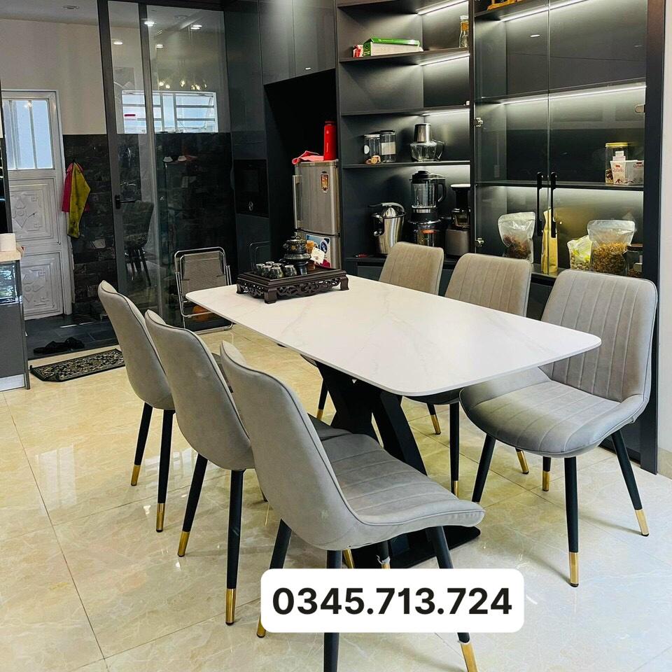 Bàn ăn 6 ghế, 4 ghế - Bàn ăn mặt đá phiến chân x cong kết hợp ghế Loft