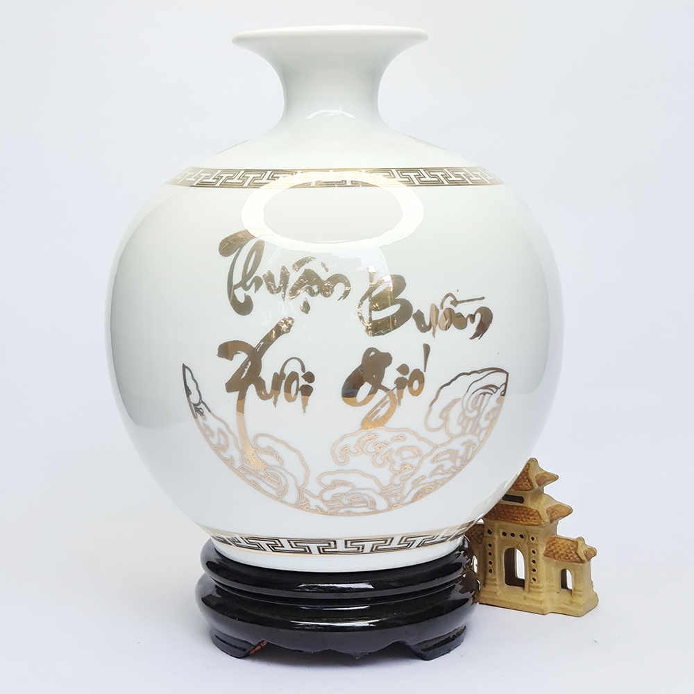 Bình Hút Lộc Gốm Sứ Trắng Vẽ Vàng - Thuận Buồm Xuôi Gió - S2 - Mx