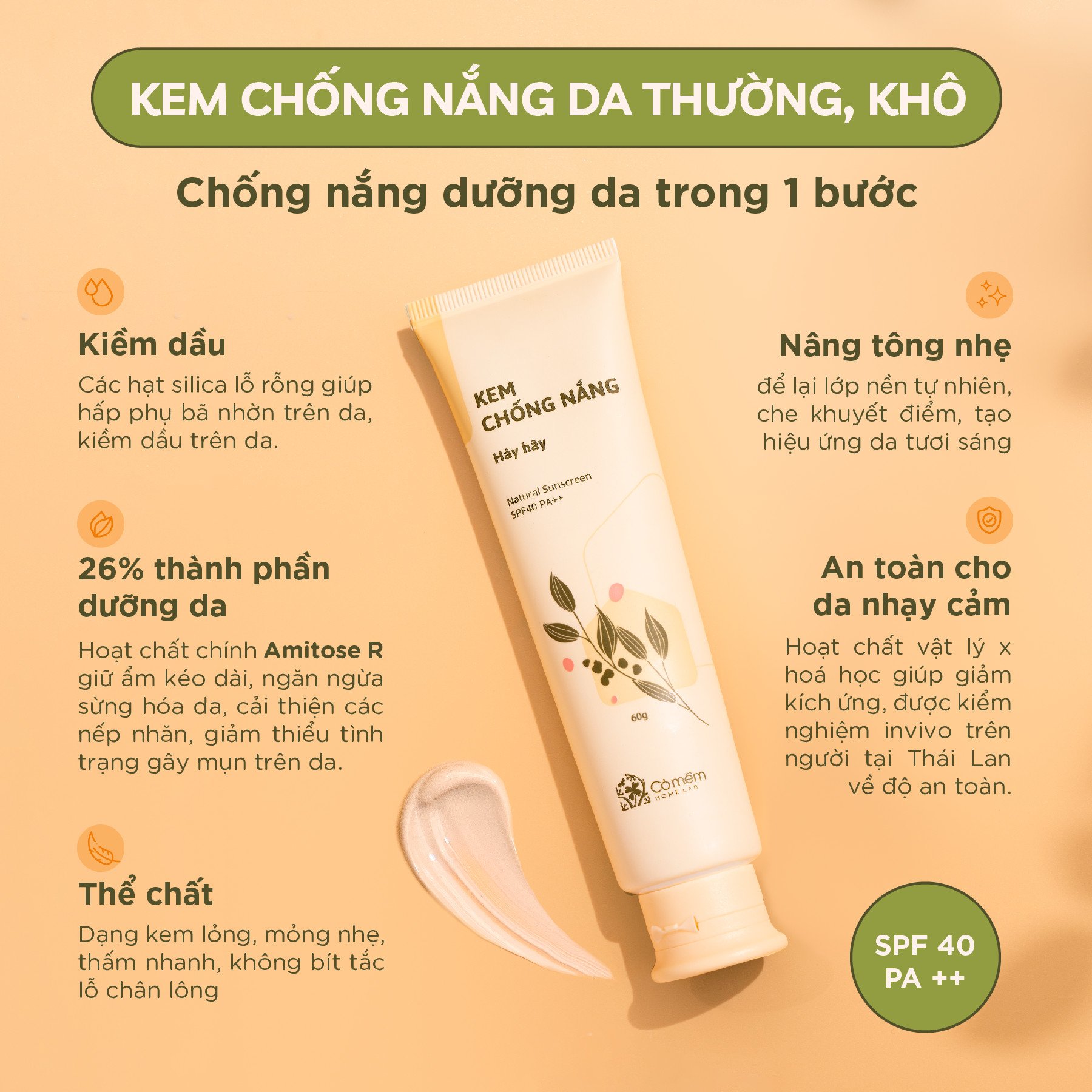 Kem Chống Nắng Thiên Nhiên Thấm Nhanh An Toàn Cho Da Hây Hây SPF 40, PA ++ Cỏ Mềm 60g