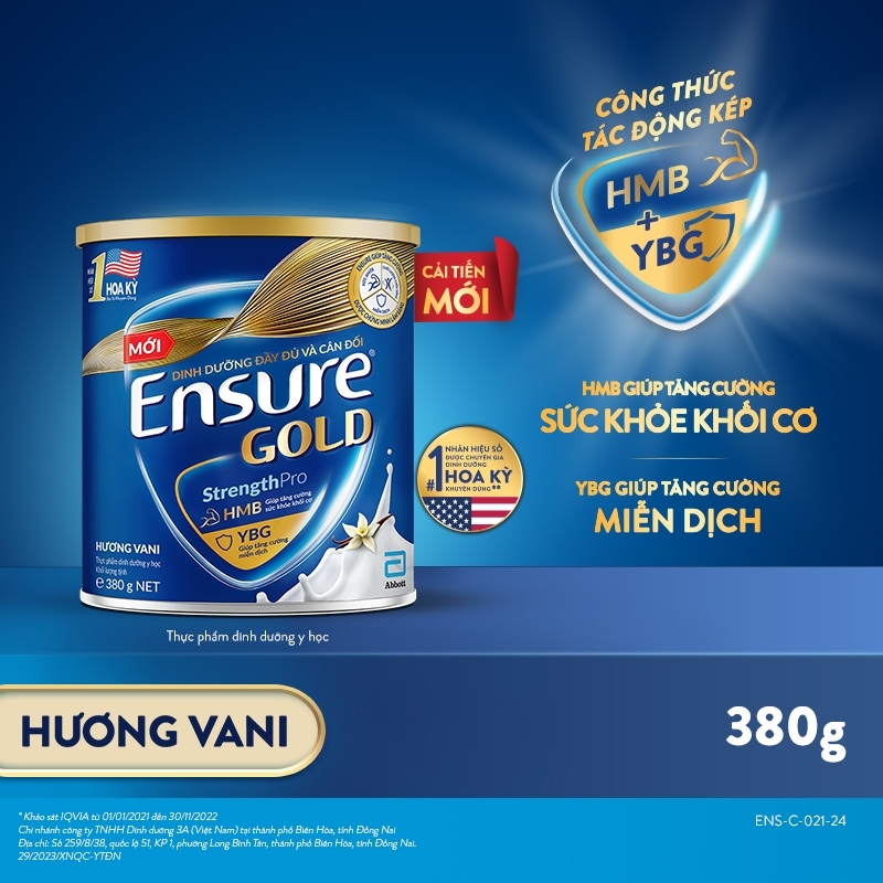 Sữa Bột Ensure Gold Abbott Hương Vani Truyền Thống (HMB) 400g/380g Giúp Tăng Cường Miễn Dịch &amp; Sức Khỏe Khối Cơ