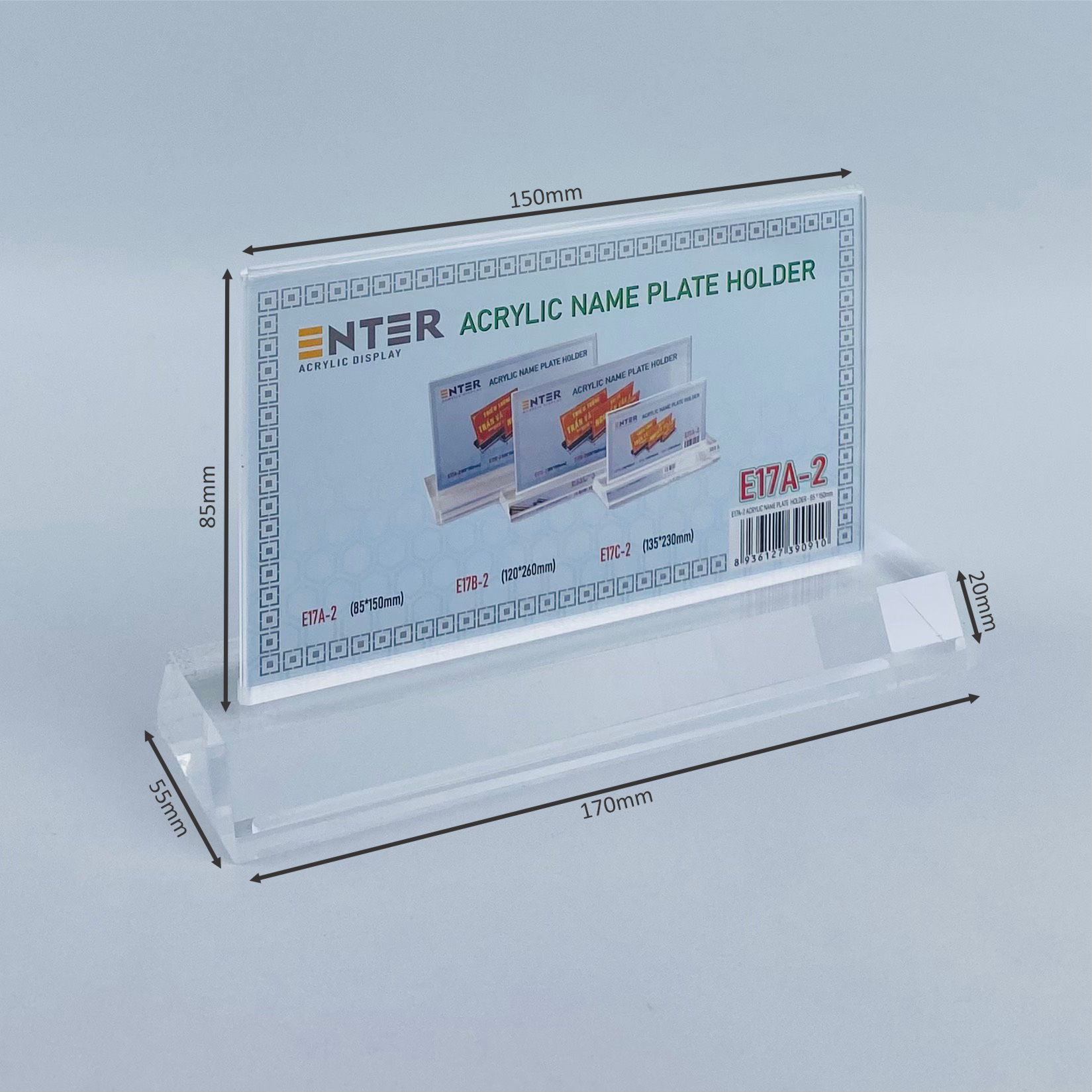 Kệ mica 2 mặt Enter E17A LR 8.5x15cm, đế 5.5x17cm dày 20mm vát 2 cạnh