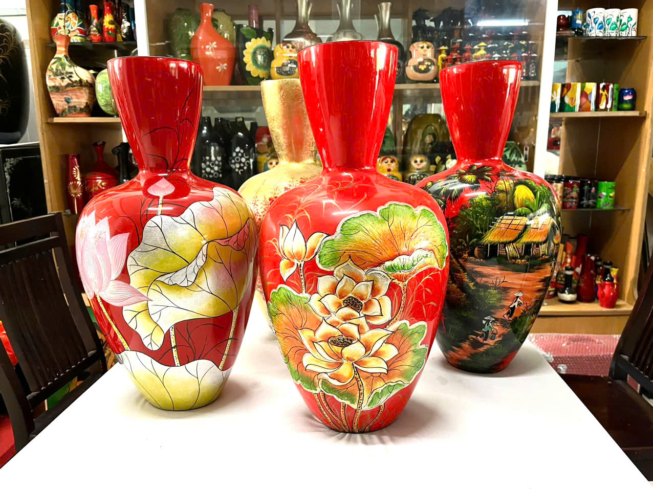 Bình hoa sơn mài 02 họa tiết phong cảnh quê hương việt nam size 55x28 cm