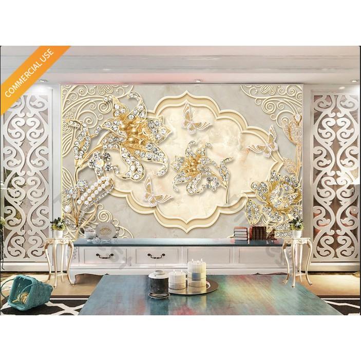 Tranh dán tường Hoa trang sức vàng phong cách Châu Âu hiện đại, Tranh dán tường 3d hiện đại MS1054805