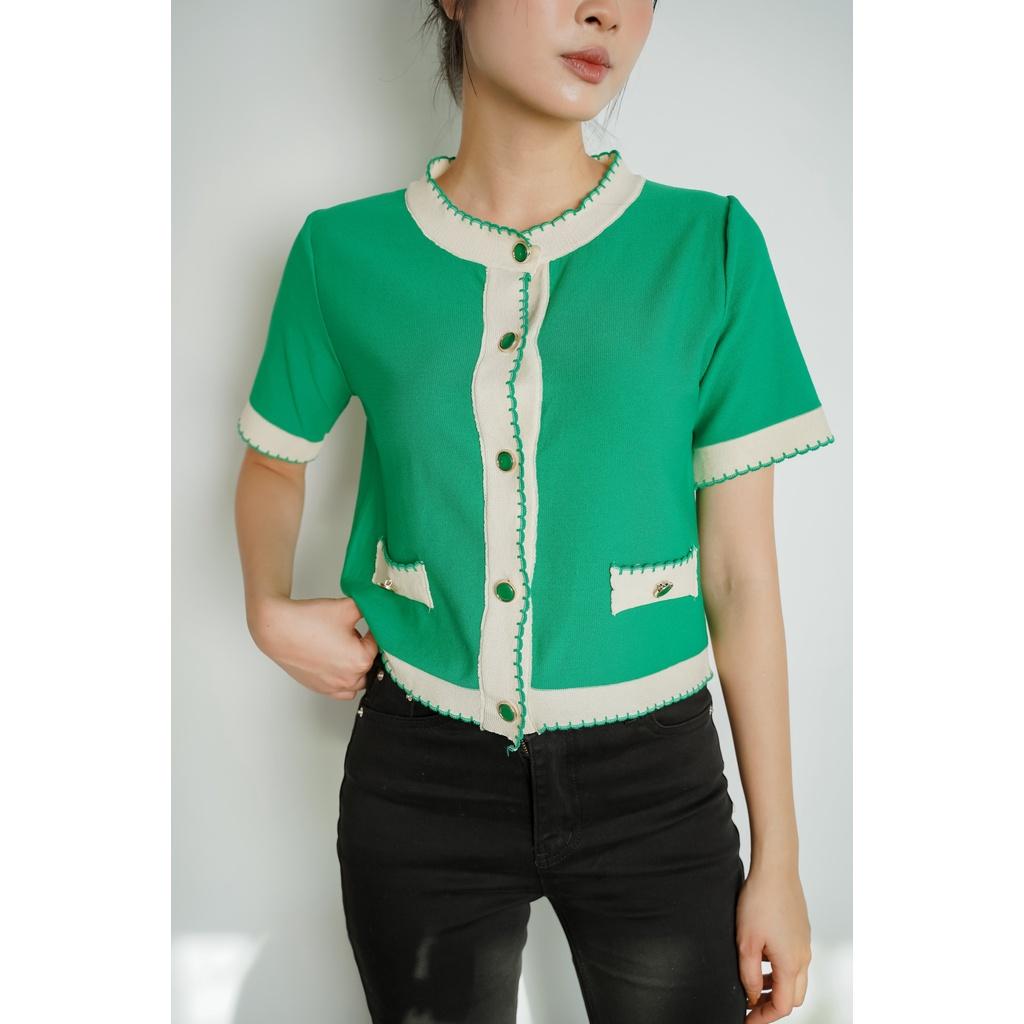 Áo len dệt kim croptop nữ Méo shop tay ngắn dáng rộng cardigan cộc tay có cúc Green