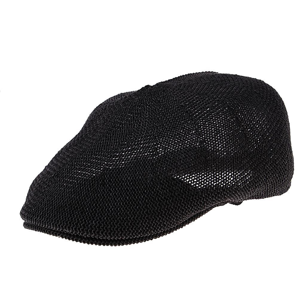 Men Breathable Summer Straw Sun Hat Newsboy Beret Ivy Cap Cabbie(black+Khak)
