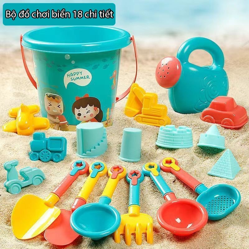 Đồ chơi đi biển xúc cát gồm bộ 14 chi tiết và bộ 18 chi tiết cho bé