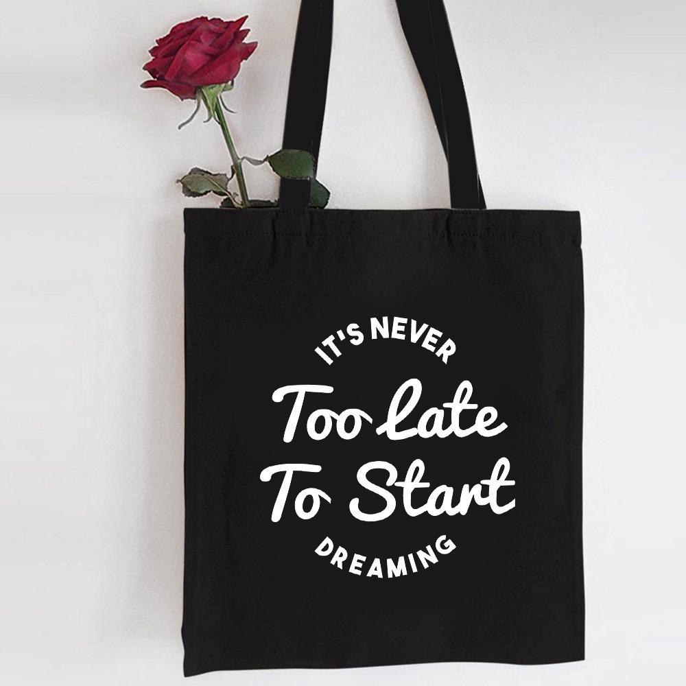 Túi tote vải canvas đen phong cách Hàn quốc, có khóa miệng tiện dụng Never Late To Start