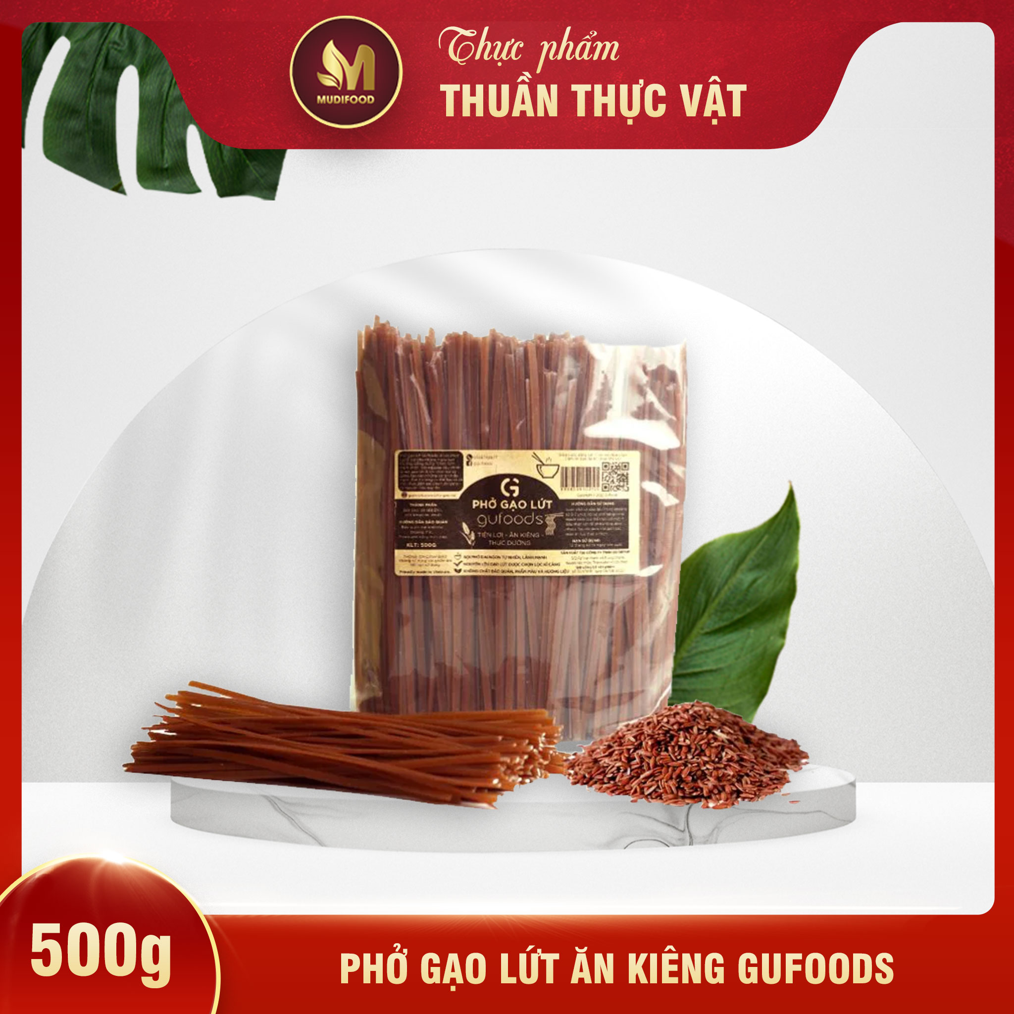 Phở Gạo Lứt Ăn Kiêng GUfoods 500g - Dai ngon, Hỗ trợ Giảm cân, Thực dưỡng, Eat clean