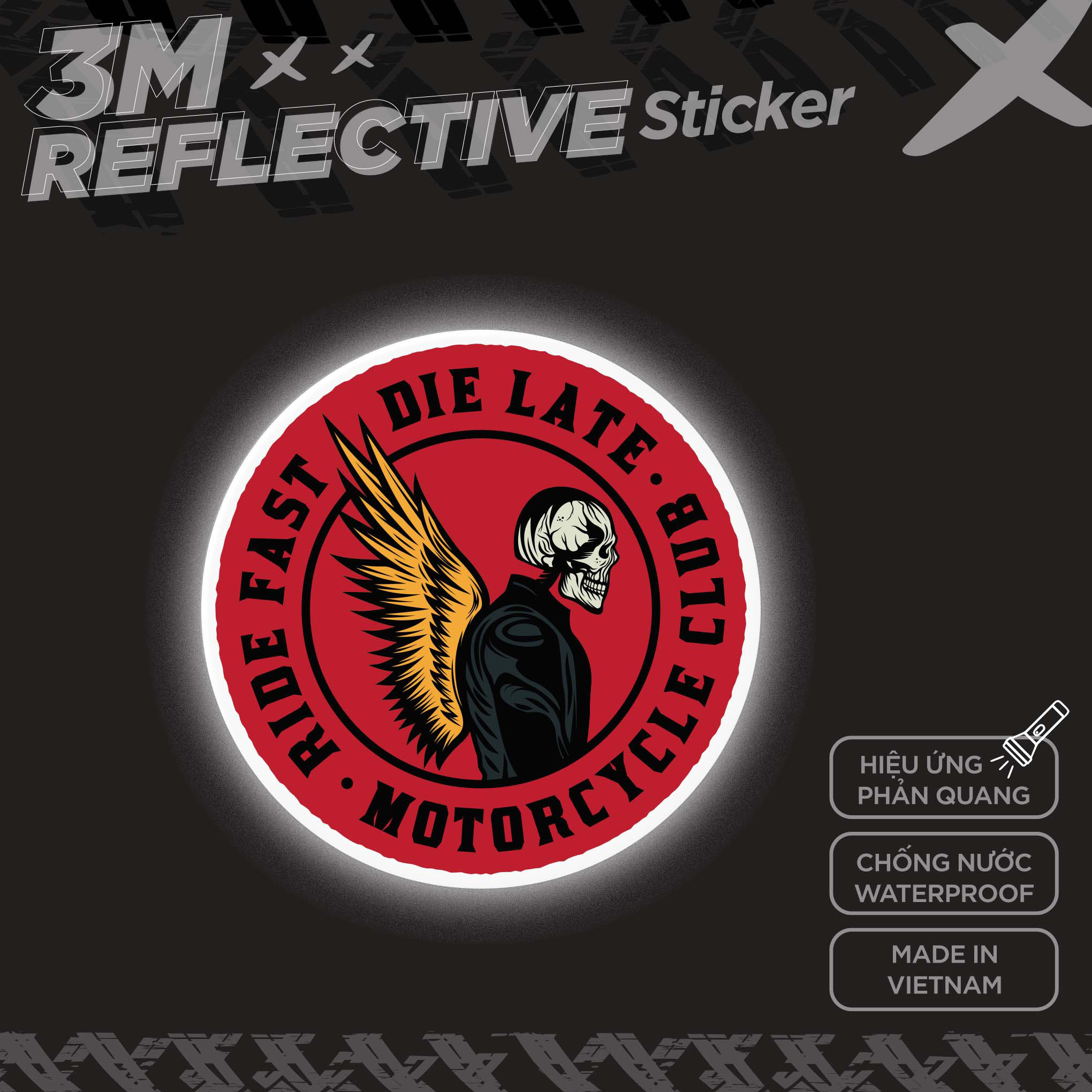 RIDE FAST DIE LATE MOTORCYCLE LOGO 3M - Reflective Sticker Die-cut Hình phản quang STICKER FACTORY