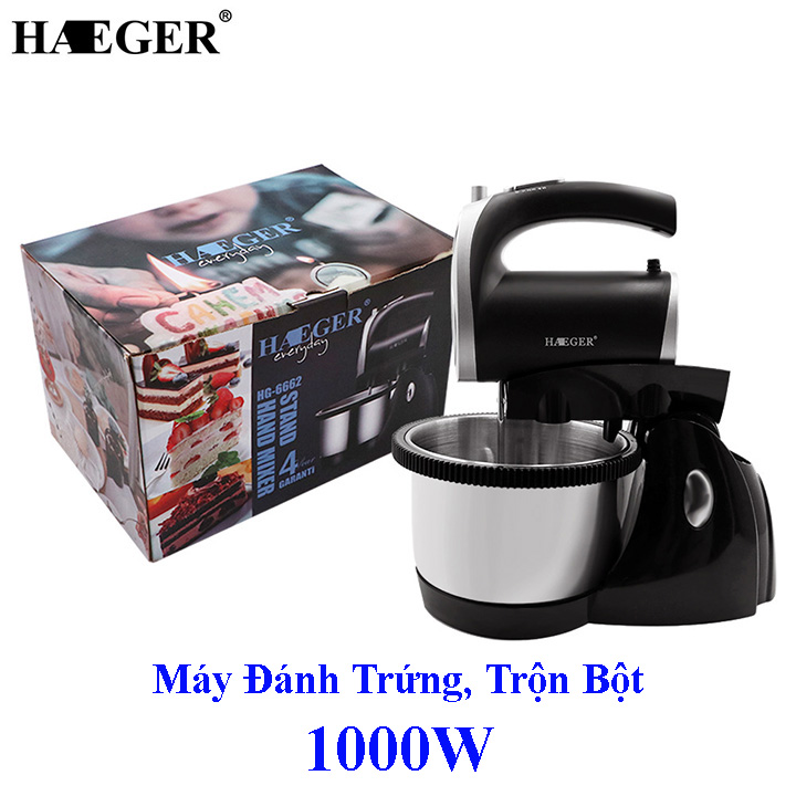 Máy đánh trứng, trộn bột để bàn HAEGER Turbo 1000W siêu khỏe dung tích 2.5L Hàng chính hãng