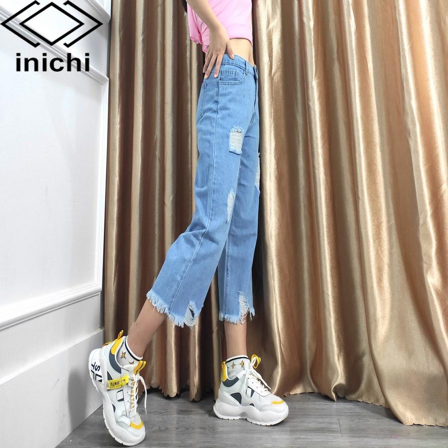 Quần baggy jean nữ Q702 xanh nhạt cạp cao kiểu rách form ống rộng INICHI Official