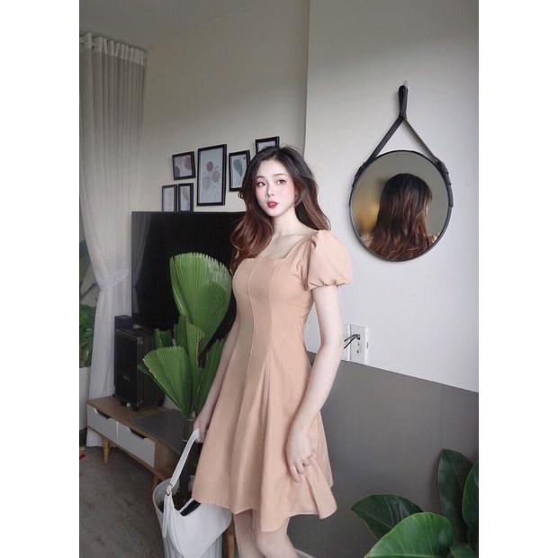Đầm thiết kế dự tiệc, Váy xòe ngắn Cao Cấp màu nude dáng xòe cổ thuyền, đi tiệc đi chơi, nữ tính quyến rũ - MiNhi