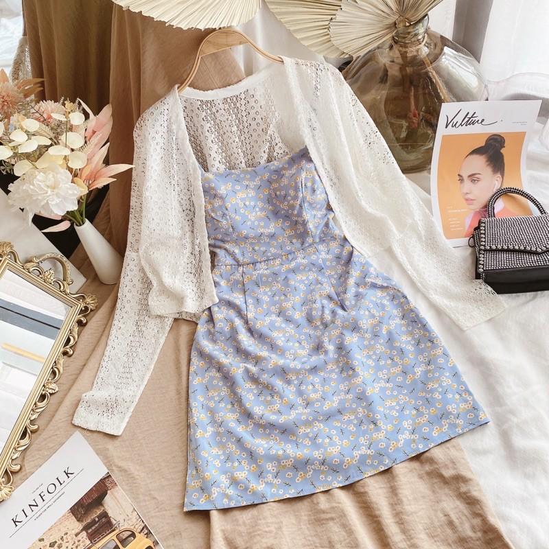 Set đầm hoa xanh 2 dây kèm áo khoác vintage trắng nữ thời trang hàn quốc