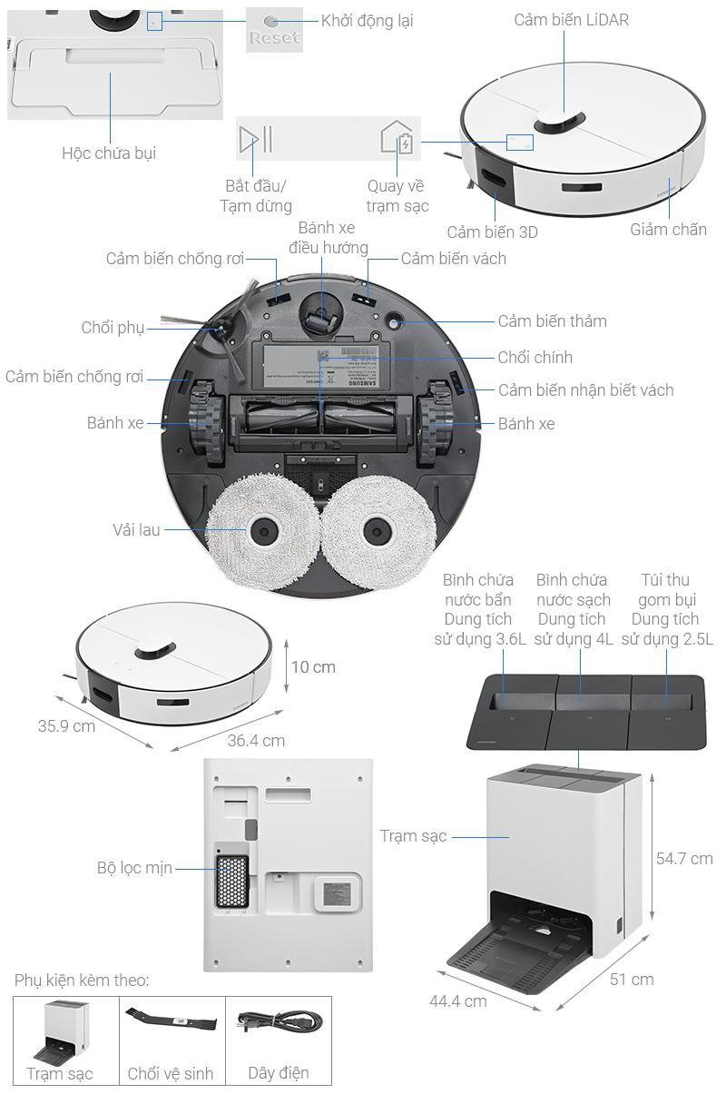 Robot hút bụi lau nhà Samsung VR7MD96514G/SV - Hàng Chính Hãng