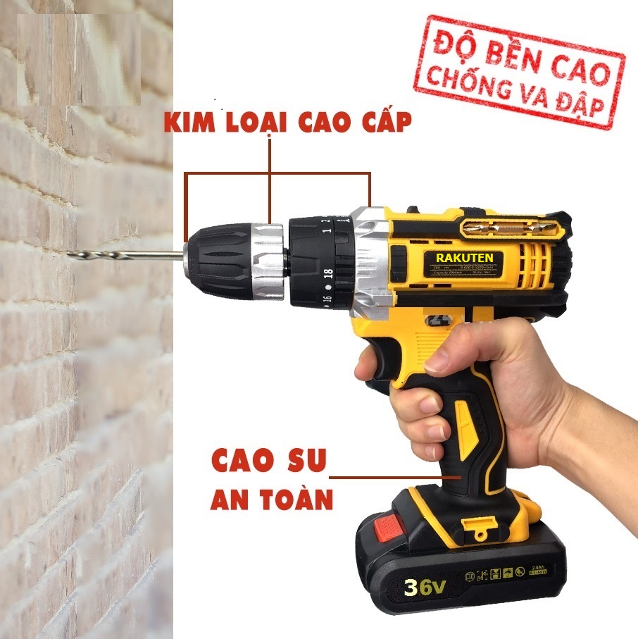 Máy khoan pin RAKUTEN khoan tường, khoan sắt, khoan bê tông máy 2 pin, đảo chiều và mũi khoan