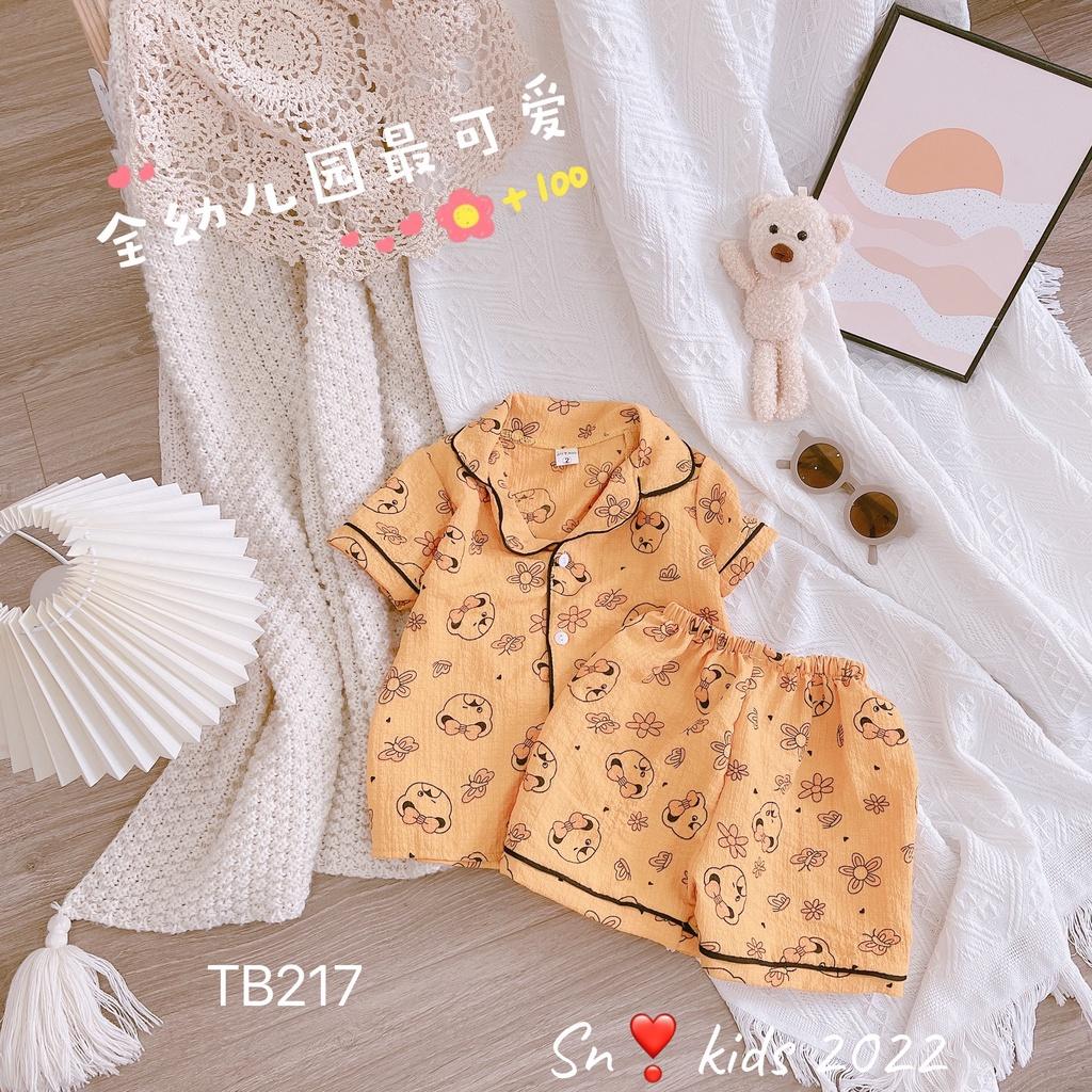 Bộ pyjama cộc tay cho bé gái vải đũi xốp thoáng mát, mềm mại, nhiều màu sắc và họa tiết size từ 10 đến 20 kg