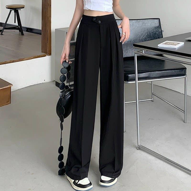 Quần culottes ống rộng suông dài, Quần tây lưng cao 2 cúc xéo chất dày cao cấp