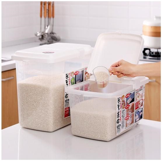Combo 01 Thùng đựng gạo Inomata cao cấp 10kg + 01 Muôi xới cơm Ion bạc kháng khuẩn, chống dính Nakaya - Made in Japan