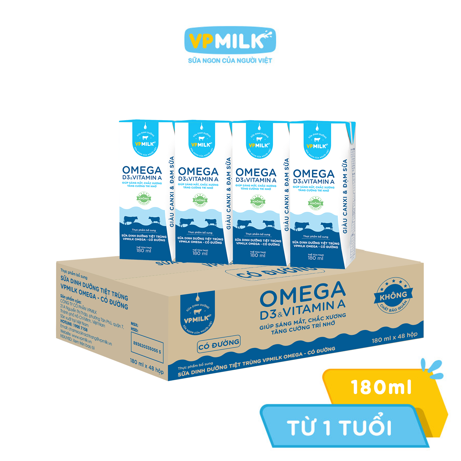 Sữa Dinh Dưỡng Tiệt Trùng VPMilk Omega Có Đường dạng hộp cho bé trên 1 tuổi 180ml (thùng 48 hộp)