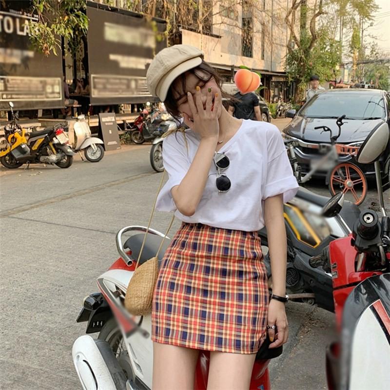 Women Fashion Stitching Color Lattice High Waist Skirt Slim A Line Skirt