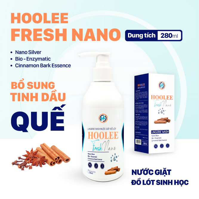 [Mua 1 Tặng 2] Nước giặt đồ lót Sinh học thế hệ mới HooLee Fresh Nano (280ml) Nano bạc, Tinh dầu quế Giúp kháng khuẩn, Hạn chế kích ứng, Làm sạch vết bẩn chuyên sâu, Tăng tuổi thọ đồ lót - HLive1+2
