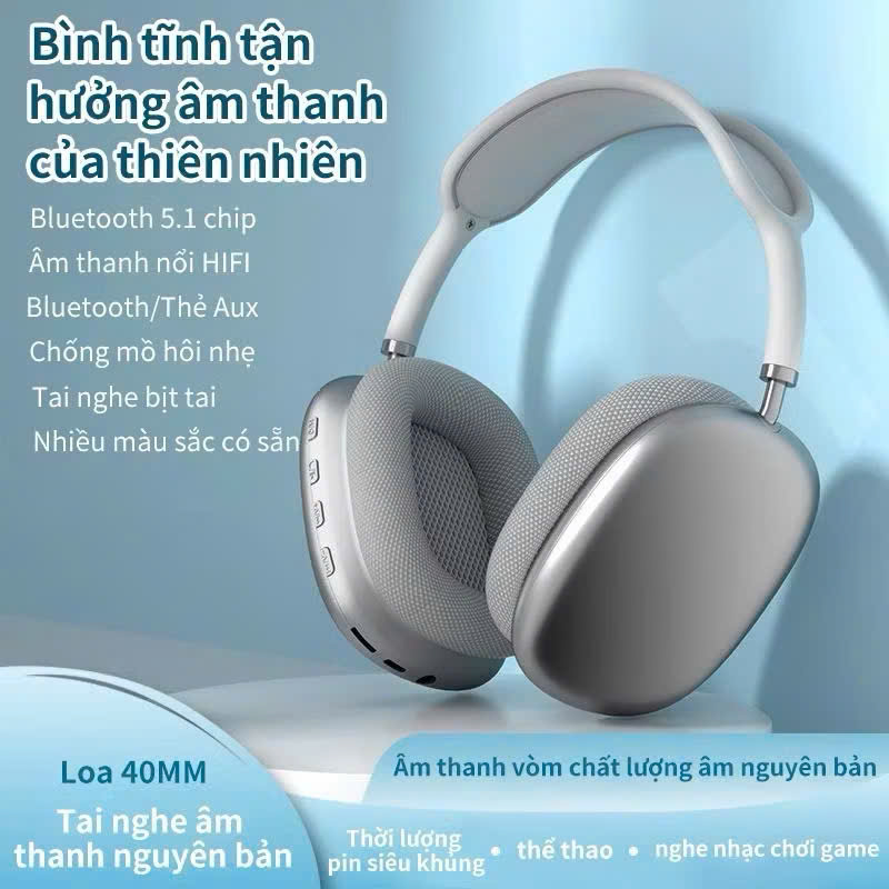 Tai nghe chụp tai Bluetooth không dây Bass siêu mạnh có micro có khe cắm thẻ TF khử tiếng ồn - Hàng chính hãng