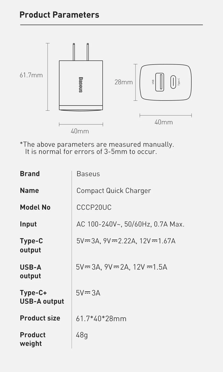 [USB+Type-C] Cốc sạc 20W 2 cổng C+U Baseus Compact CCCP20UC - Hàng chính hãng