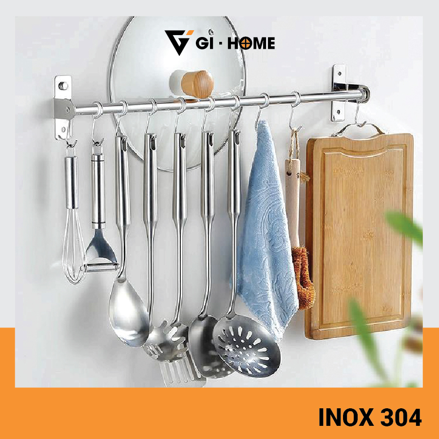 Kệ Treo Nhà Bếp GIHOME Khoan Tường Inox 304 Kèm 10 Móc Treo Di Động