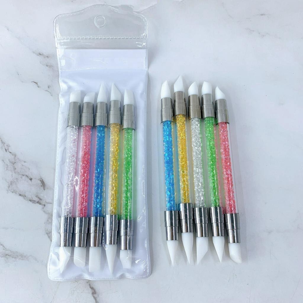 Bộ 5 Bút Cọ Silicon 2 Đầu Cán Đá Sang Trọng Nhiều Màu, Dễ Sử Dụng, Nặn Hoa Và Dặm Foi Chuyên Nghiệp, Làm Nail Tiện Lợi