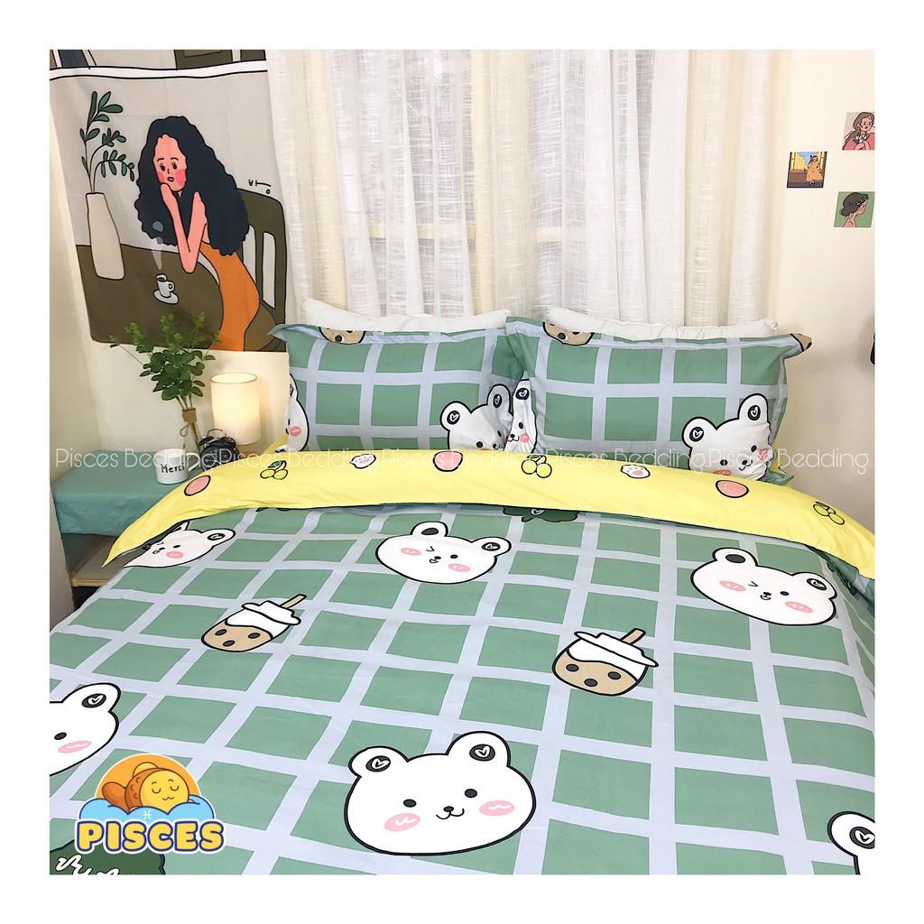 Bộ Chăn Ga Gối Cotton Poly Gấu Trắng Caro Xanh