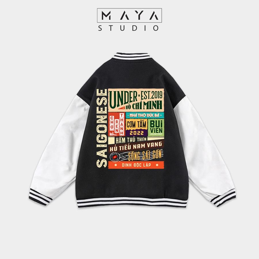 Áo Khoác Bomber MAYA HÀ NỘI VÀ SÀI GÒN form rộng Unisex nam nữ kiểu Varsity Jacket vải nỉ bông cực chất