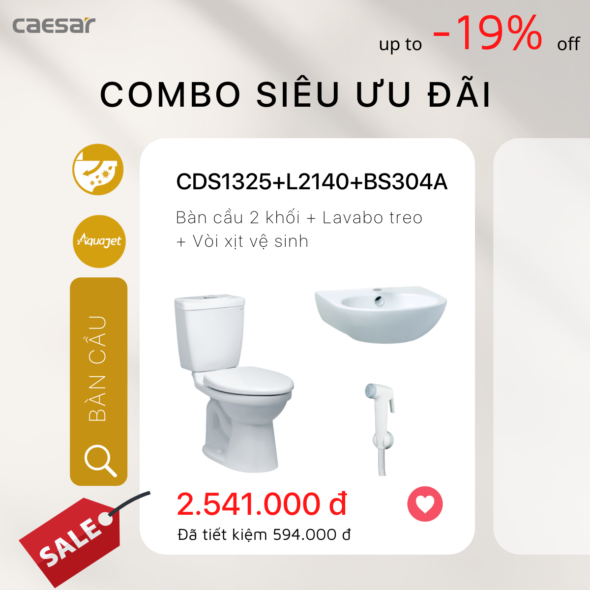 Combo ưu đãi bàn cầu + lavabo + vòi xịt - CDS1325 + L2140 + BS304A