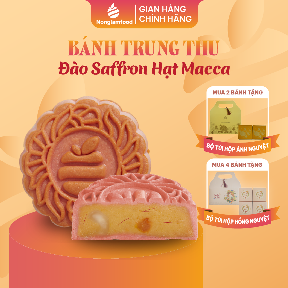 Bánh trung thu ăn kiêng, ít ngọt Đào Saffron Hạt Macca 150g (không trứng) Nonglamfood |Quà tặng healthy ý nghĩa