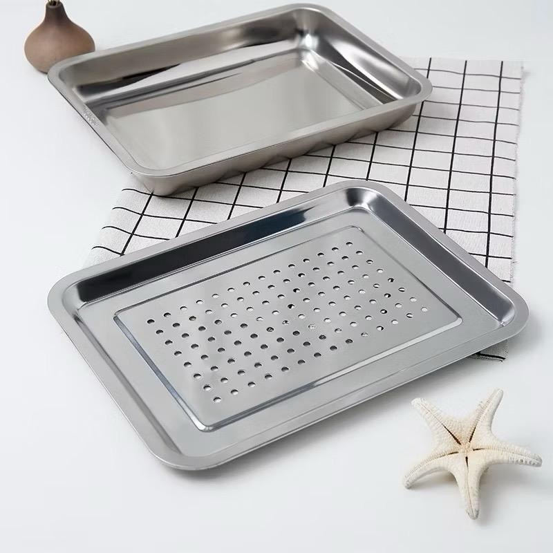 [AnhOtShop] Bộ Khay Inox Úp Cốc Chén Chữ Nhật Có Lỗ Thoát Nước – Tiện Dụng Pha Trà, Đựng Đồ Đa Năng (Loại 2 Lớp)