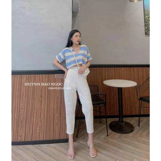 Áo croptop cổ bẻ khoét Quảng Châu kẻ sọc