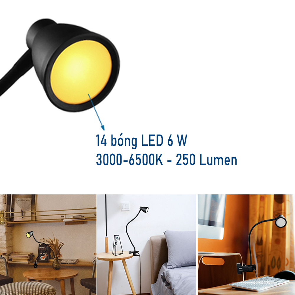 Đèn học, Đèn đọc sách kẹp đầu giường đa năng bóng LED 3 chế độ ánh sáng 3W, Nguồn USB 5V