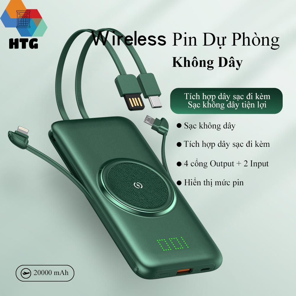 Pin Sạc Dự Phòng CYKE P1 Plus 20.000 mAh hỗ trợ sạc nhanh QC 2.0A, tích hợp dây sạc cùng sạc không dây, 4 cổng output, 2 cổng input, hàng chính hãng