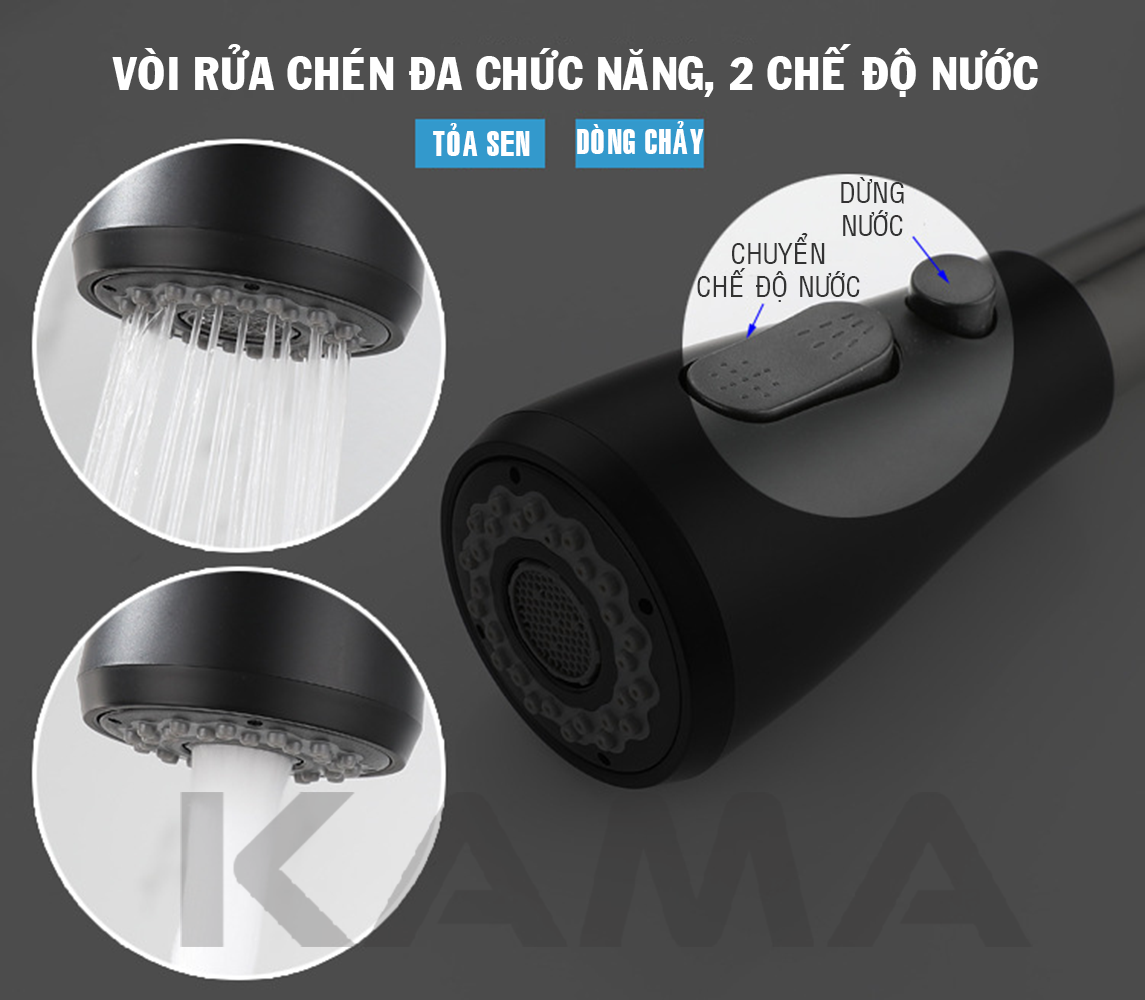 Vòi rửa chén bát nóng lạnh dây rút đen inox 304 KAMA RC10, bề mặt sơn chịu nhiệt, sang trọng, vòi chậu rửa chén dây rút nhà bếp nóng lạnh inox 304 cao 43 cm, tặng kèm bộ dây cấp nước 60cm - Mẫu mới 2020